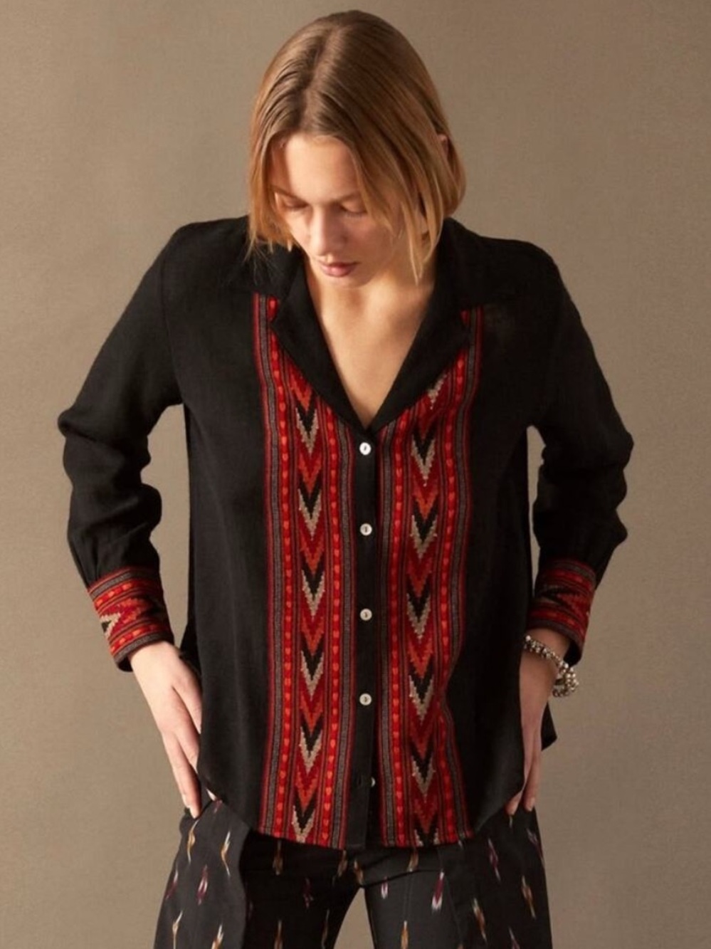 Alix of Bohemia Patti Arrow fine wool shirt with woven southwestern detail, L